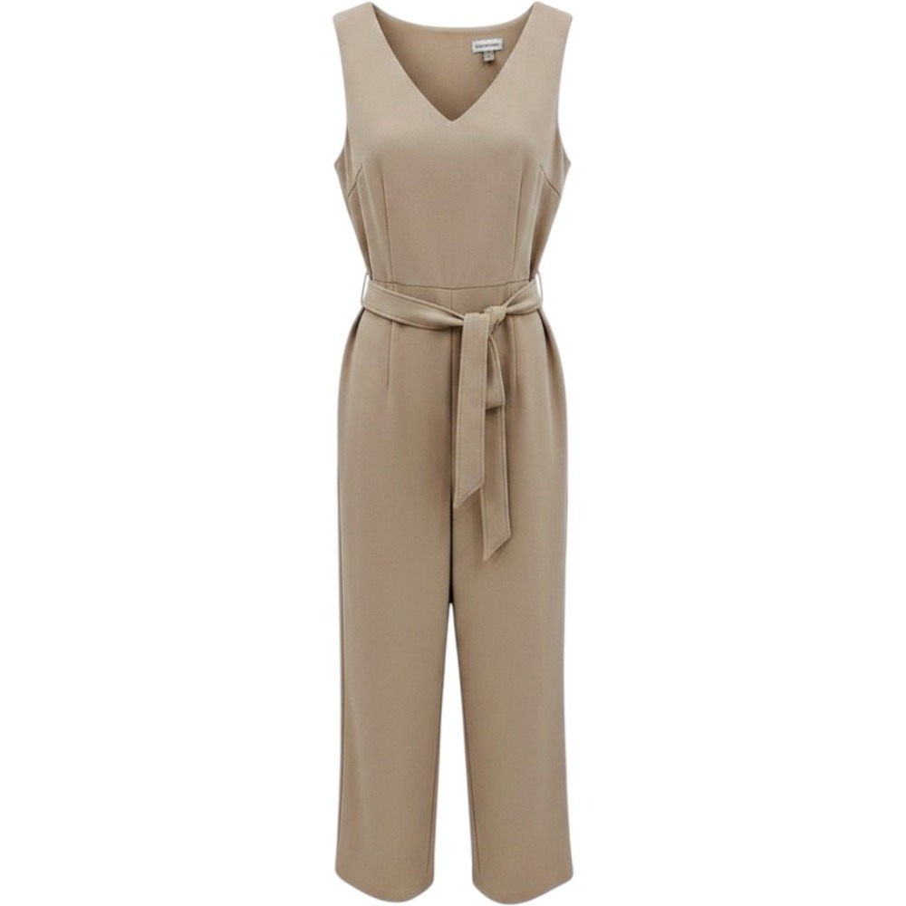Calvin Klein Jumpsuit Womens 14 Taupe V-Neck Tie Waist Wide Leg Career Excellent